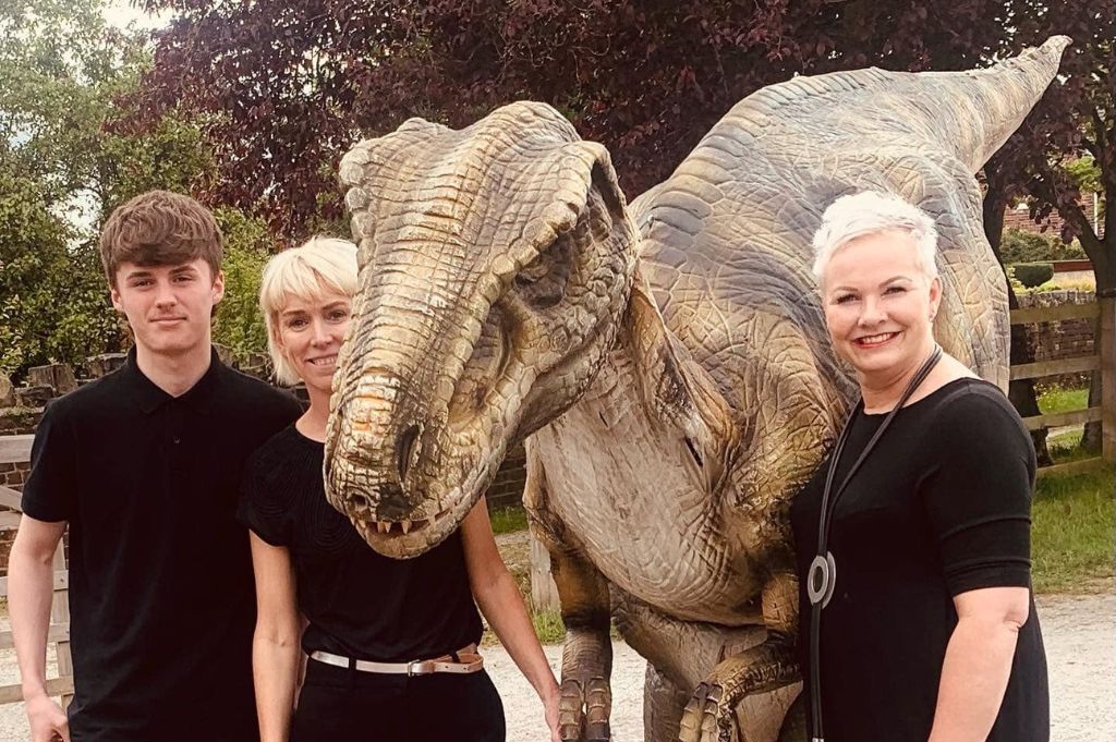 Sam and Caroline with dinosaurs at Northorpe Barn