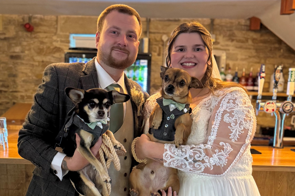 Bride and groom holding dogs